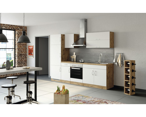 Küchenzeile mit Geräten Held Möbel Sorrento 270 cm Frontfarbe weiss Korpusfarbe eiche 1005.6279