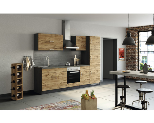 Küchenzeile mit Geräten Held Möbel Sorrento 270 cm Frontfarbe eiche Korpusfarbe graphit 1005.6282