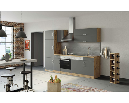 Cuisine moderne avec armoires grises, plan de travail en bois et coin repas