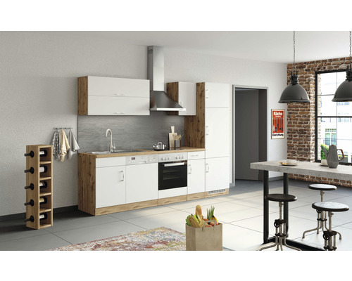 Küchenzeile mit Geräten Held Möbel Sorrento 270 cm Frontfarbe weiss Korpusfarbe eiche 1007.6279