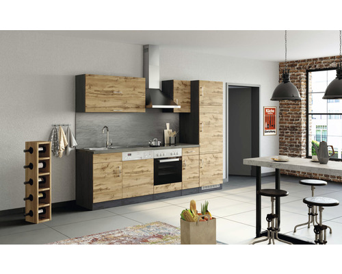 Küchenzeile mit Geräten Held Möbel Sorrento 270 cm Frontfarbe eiche Korpusfarbe graphit 1007.6282