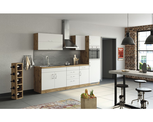 Küchenzeile mit Geräten Held Möbel Sorrento 270 cm Frontfarbe weiss Korpusfarbe eiche 1009.6279