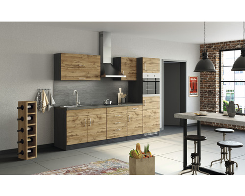 Küchenzeile mit Geräten Held Möbel Sorrento 270 cm Frontfarbe eiche Korpusfarbe graphit 1009.6282