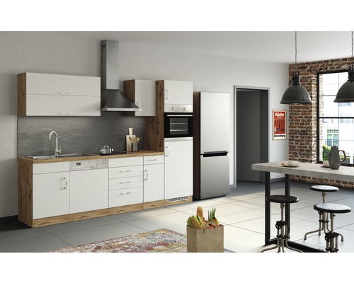Küchenzeile mit Geräten Held Möbel Sorrento 270 cm Frontfarbe weiss Korpusfarbe eiche 1011.6279