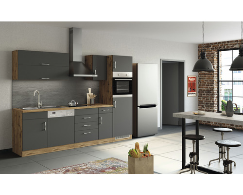 Küchenzeile mit Geräten Held Möbel Sorrento 270 cm Frontfarbe anthrazit Korpusfarbe eiche 1011.6280