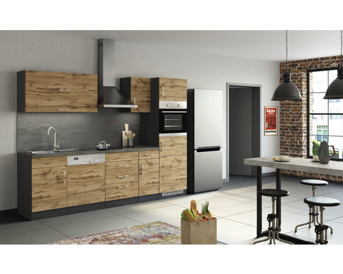 Küchenzeile mit Geräten Held Möbel Sorrento 270 cm Frontfarbe eiche Korpusfarbe graphit 1011.6282
