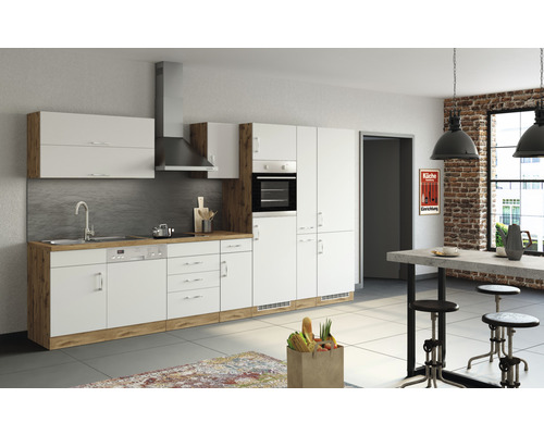 Küchenzeile mit Geräten Held Möbel Sorrento 360 cm Frontfarbe weiss Korpusfarbe eiche 1013.6279