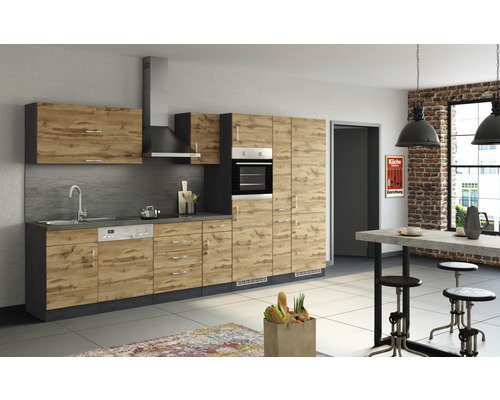 Küchenzeile mit Geräten Held Möbel Sorrento 360 cm Frontfarbe eiche Korpusfarbe graphit 1013.6282