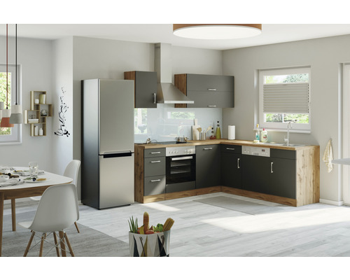 Cuisine moderne avec armoires de cuisine, évier, lave-vaisselle et combiné réfrigérateur-congélateur