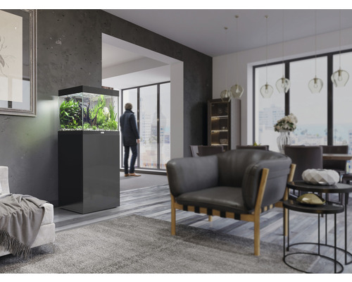 Salon moderne avec aquarium sur meuble bas, fauteuil et table à manger