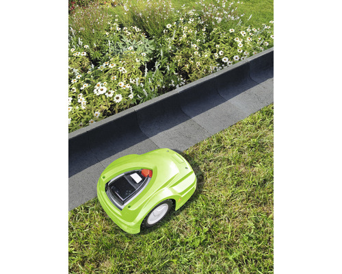 Grüner Rasenmähroboter auf Rasen neben einer Beetbegrenzung.
