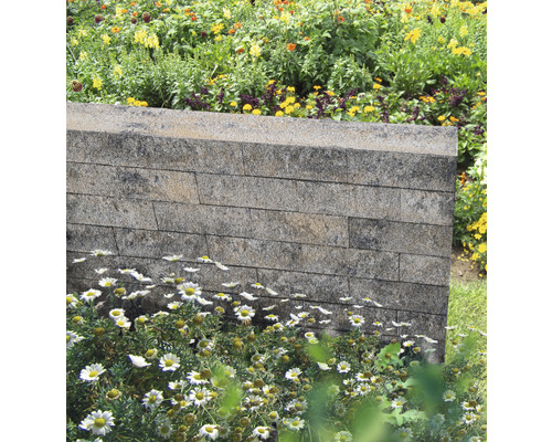 Mur de jardin gris avec parterres de fleurs dans le jardin