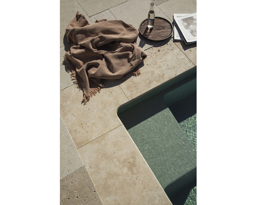 FLAIRSTONE Poolumrandung Beckenrandstein Roma Eckstück 90° beige innen gerundet 48x35 / 48x35 x 3 cm