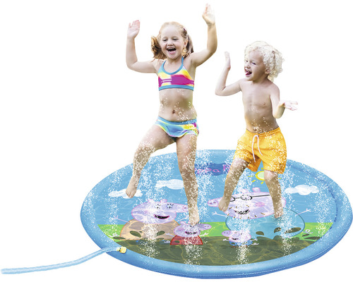 Tapis de jeu d'eau Happy People Peppa Pig avec fonction pulvérisateur Ø 150 cm Deux enfants jouent sur un tapis d''eau Peppa Pig à l''extérieur.