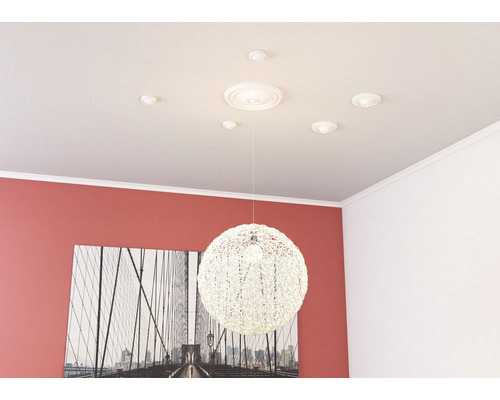 Plafond avec moulures, rosaces et une suspension