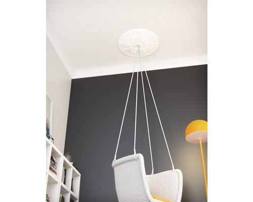 Rosace de plafond avec fauteuil suspendu dans une pièce