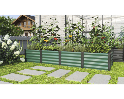 Jardinière surélevée classique Linus In&Out 401 L 245 x 65 x 40,1 cm algues-noir Jardinière surélevée en métal dans le jardin avec des plantes et des légumes.