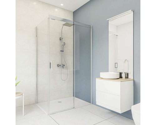 Panneau mural pour douche BREUER décor béton 100 x 210 cm Salle de bains moderne avec douche, lavabo et miroir