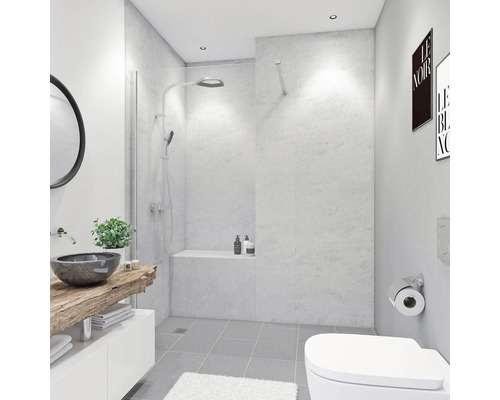 Duschrückwand BREUER Dekor Marmor grau hochglanz 100 x 210 cm Badezimmer mit Dusche, Waschbecken, Toilette und Dekorationen für eine helle und organisierte Atmosphäre