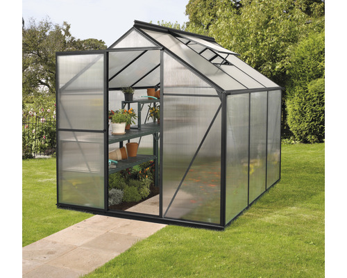 Gewächshaus mit geöffneter Tür und Pflanzenregal im Garten