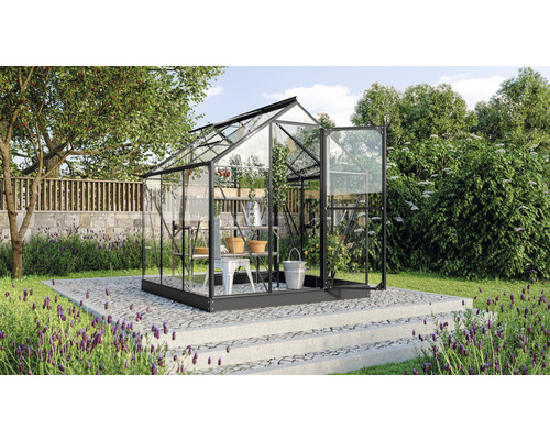 Serre avec étagères et porte ouverte dans le jardin.