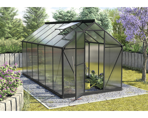 Serre avec porte et lucarne ouvertes dans un jardin