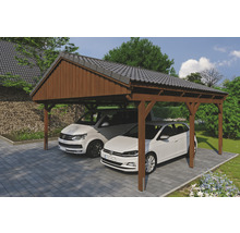 Doppelcarport aus Holz mit zwei parkenden Autos