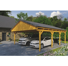 Double abri de voiture en bois avec deux voitures en dessous