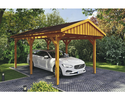 Carport simple SKAN Holz Fichtelberg avec bardeaux rouge 317 x 566 cm chêne clair