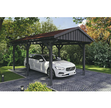 Holzcarport mit Auto im Garten