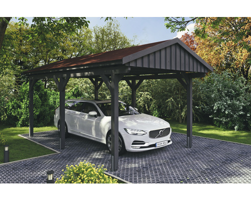 Carport simple SKAN Holz Fichtelberg avec bardeaux rouge 317 x 566 cm ardoise