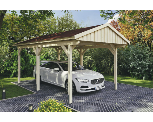 Carport simple SKAN Holz Fichtelberg avec bardeaux rouge 317 x 566 cm nature Abri de voiture en bois avec toit rouge et voiture garée