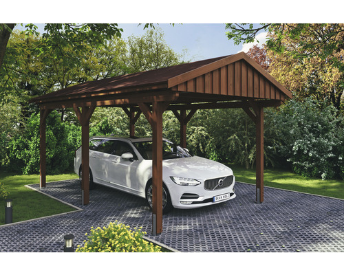 Carport simple SKAN Holz Fichtelberg avec bardeaux rouges 317 x 566 cm noyer