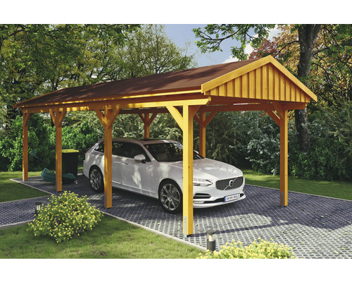 Carport simple SKAN Holz Fichtelberg avec bardeaux rouge 317 x 808 cm chêne clair