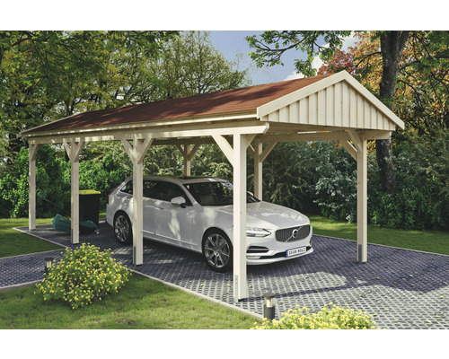 Carport simple SKAN Holz Fichtelberg avec bardeaux rouge 317 x 808 cm nature Abri de voiture couvert en bois avec voiture garée sur une surface pavée.