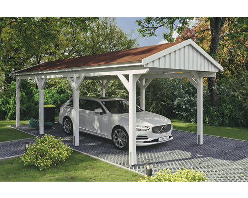 Carport simple SKAN Holz Fichtelberg avec bardeaux rouge 317 x 808 cm blanc