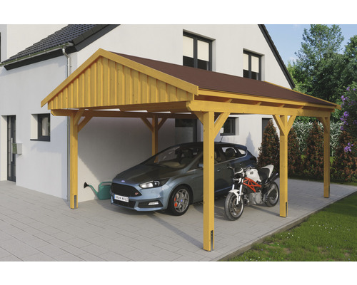 Carport simple SKAN Holz Fichtelberg avec bardeaux rouge 423 x 566 cm chêne clair