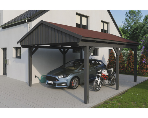 Carport simple SKAN Holz Fichtelberg avec bardeaux rouge 423 x 566 cm ardoise