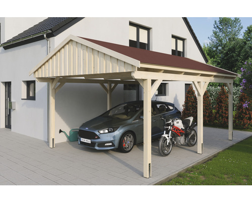Carport simple SKAN Holz Fichtelberg avec bardeaux rouge 423 x 566 cm nature Carport en bois avec voiture et moto