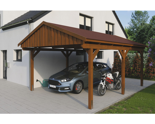 Carport simple SKAN Holz Fichtelberg avec bardeaux rouges 423 x 566 cm noyer