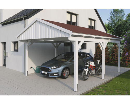 Carport simple SKAN Holz Fichtelberg avec bardeaux rouge 423 x 566 cm blanc Abri de voiture en bois avec voiture et moto