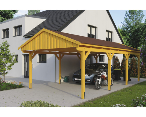 Einzelcarport SKAN Holz Fichtelberg inkl. Dachschindeln rot 423 x 808 cm Eiche hell