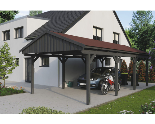 Carport simple SKAN Holz Fichtelberg avec bardeaux rouge 423 x 808 cm ardoise