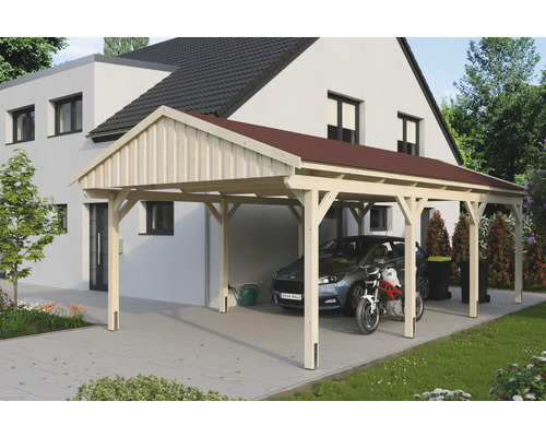 Carport simple SKAN Holz Fichtelberg avec bardeaux rouge 423 x 808 cm nature Abri de voiture en bois avec voiture et moto devant une maison