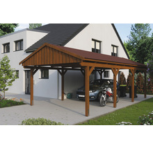 Abri de voiture en bois avec voiture et moto devant une maison