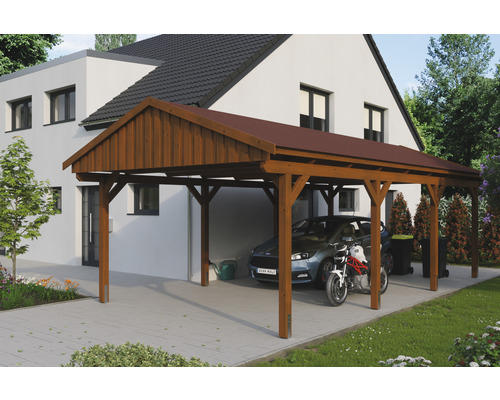 Einzelcarport SKAN Holz Fichtelberg inkl. Dachschindeln rot 423 x 808 cm Nussbaum