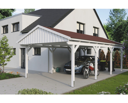Carport simple SKAN Holz Fichtelberg avec bardeaux rouge 423 x 808 cm blanc Abri de voiture en bois avec voiture et moto