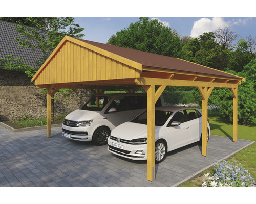 Carport double SKAN Holz Fichtelberg avec bardeaux rouge 618 x 566 cm chêne clair