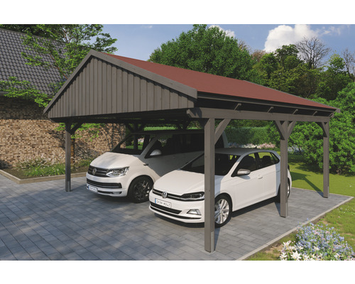 Carport double SKAN Holz Fichtelberg avec bardeaux rouge 618 x 566 cm ardoise