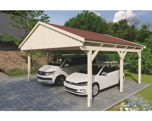 Carport double SKAN Holz Fichtelberg avec bardeaux rouge 618 x 566 cm nature Double carport en bois avec deux voitures garées